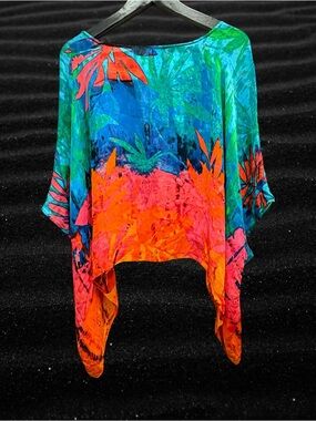 Chico’s 100% Silk Tropical Floral Poncho Top Sheer Boho Resort Wear M/L